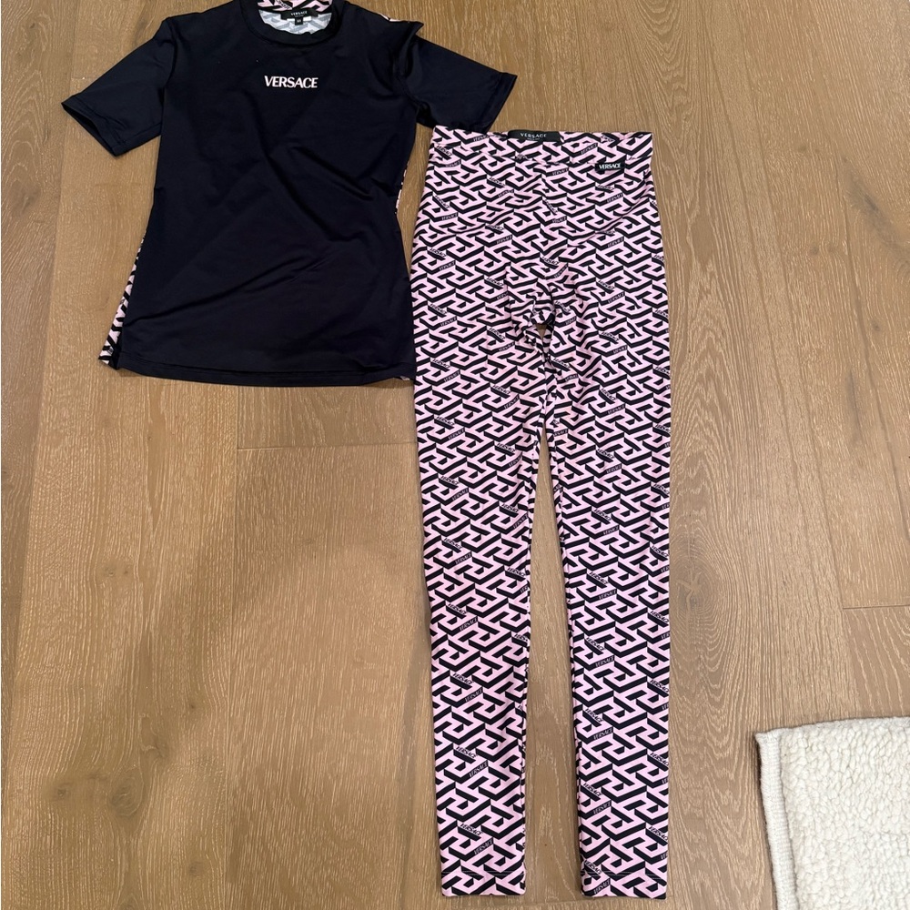 Versace Black Tee and Pink Geometric Leggings